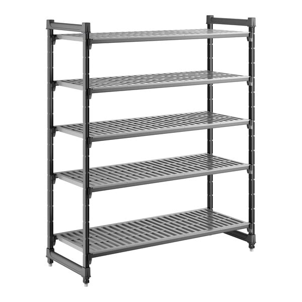 A gray, five-shelf vented plastic shelving unit designed for storage and organization.