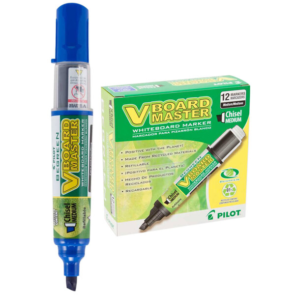 A white box of Pilot BeGreen blue chisel tip dry erase markers.