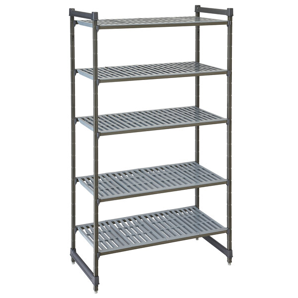 A grey metal Cambro Camshelving Basics Plus stationary unit with four shelves.