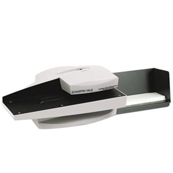 A gray and black Martin Yale electric letter opener with a letter catch tray.