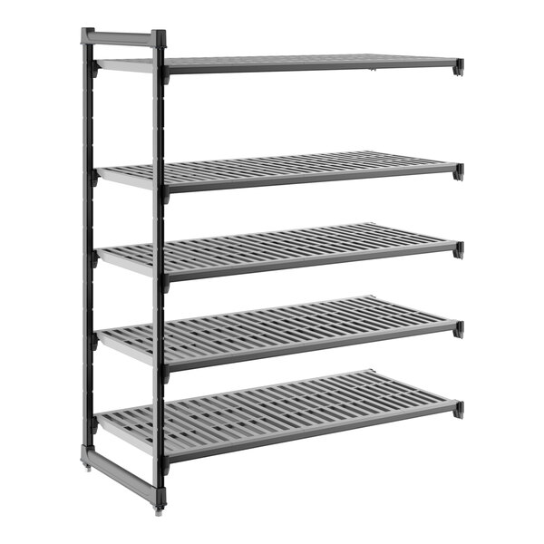 A five-shelf vented plastic shelving unit designed for storage and organization.