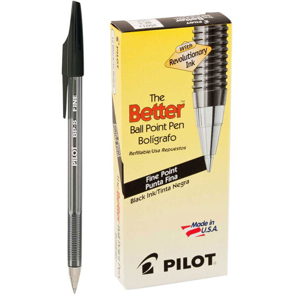 A box of 12 Pilot Black Ink Ball Point Stick Pens with tinted barrels.