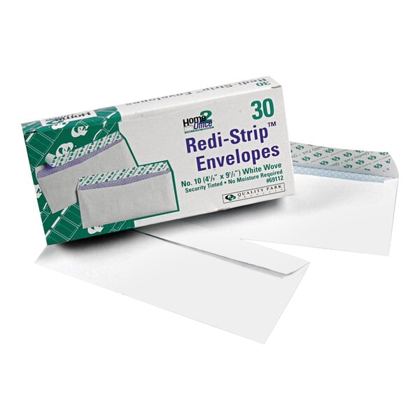 A box of 30 white security tinted business envelopes with Redi-Strip seal.