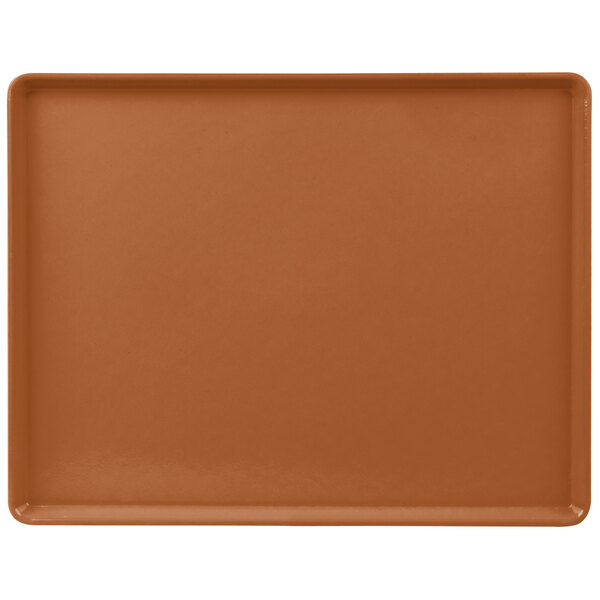 A brown rectangular tray with a white border.