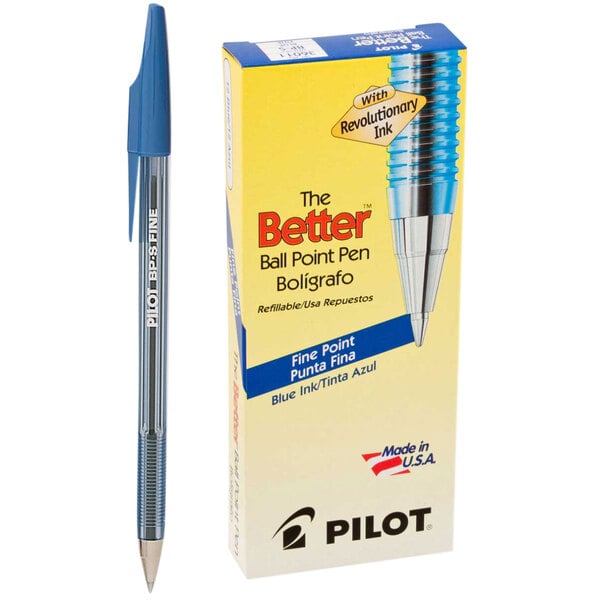A box of 12 Pilot Better Blue Ink Ball Point Stick Pens with tinted barrels.