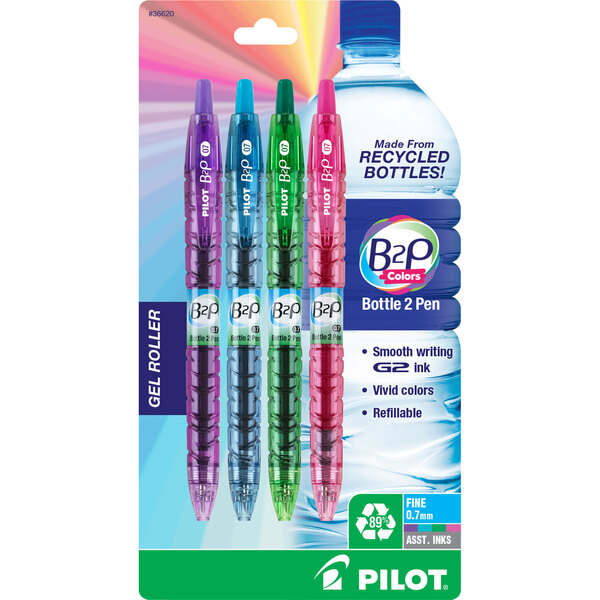 A package of 4 Pilot B2P pens with assorted ink and barrel colors.