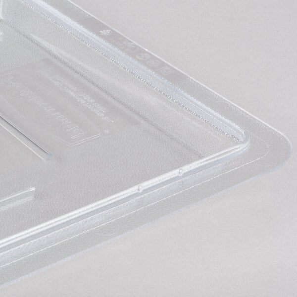 A clear Rubbermaid polycarbonate food storage box lid on a clear container.
