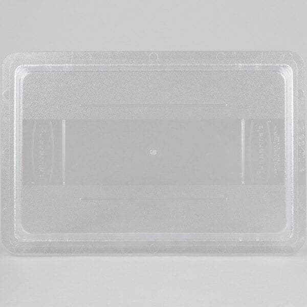 A clear plastic Rubbermaid food storage box lid.