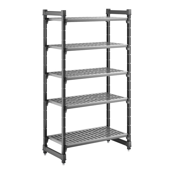 A gray, five-shelf vented plastic shelving unit designed for storage.