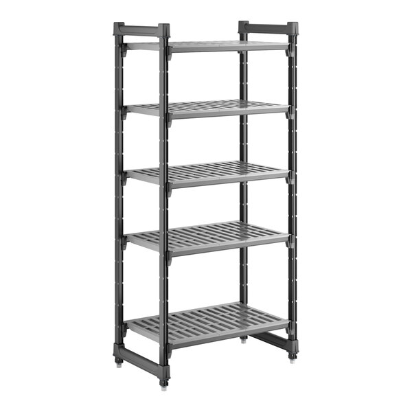 A gray, five-shelf vented plastic shelving unit designed for storage and organization.