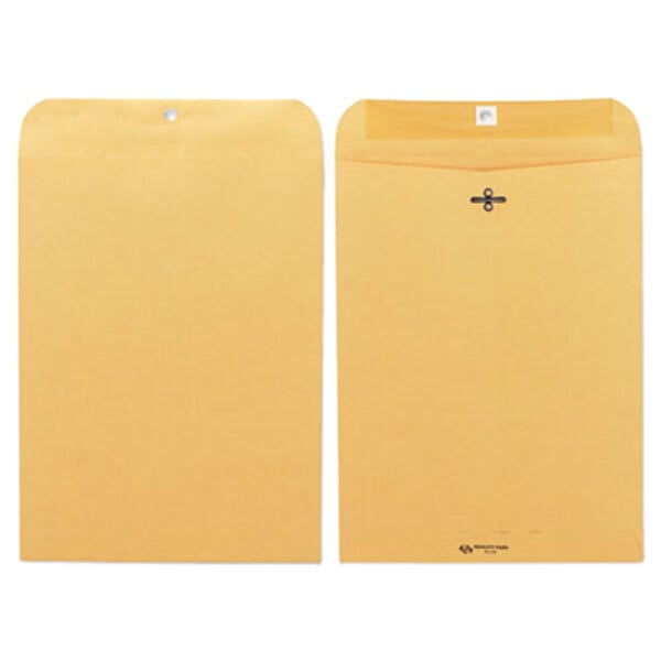 The front and back of a yellow Quality Park #90 brown Kraft clasp envelope.