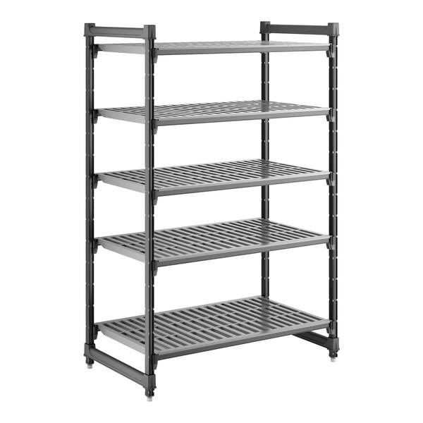 A black, five-shelf vented plastic shelving unit designed for storage.