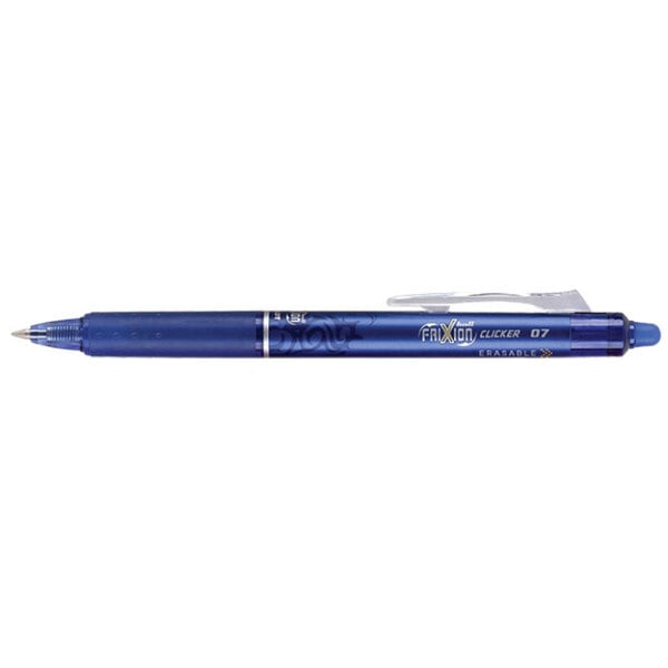 A Pilot FriXion blue pen with a black cap and white tip.