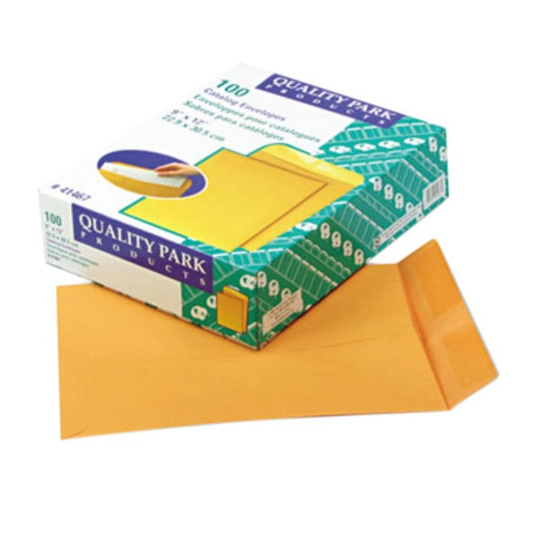 A box of 100 Quality Park brown kraft file envelopes.