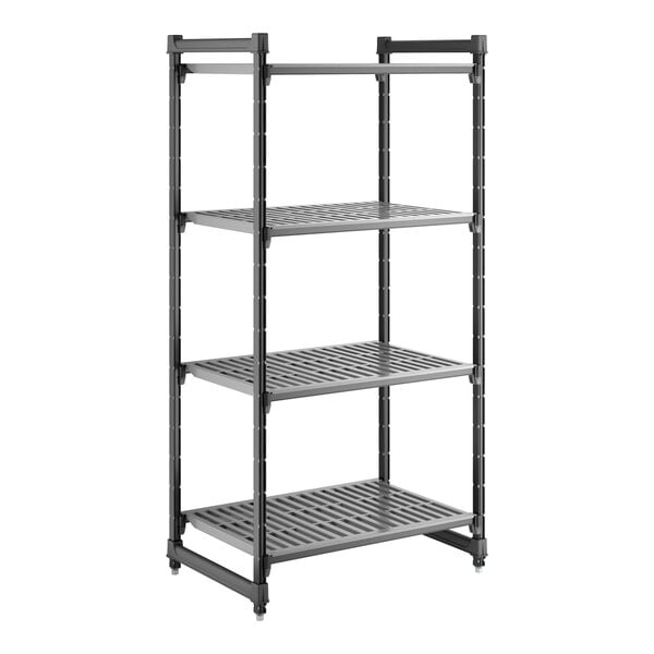 A four-shelf, vented, stationary shelving unit made of durable plastic, measuring 24 inches by 36 inches by 72 inches.