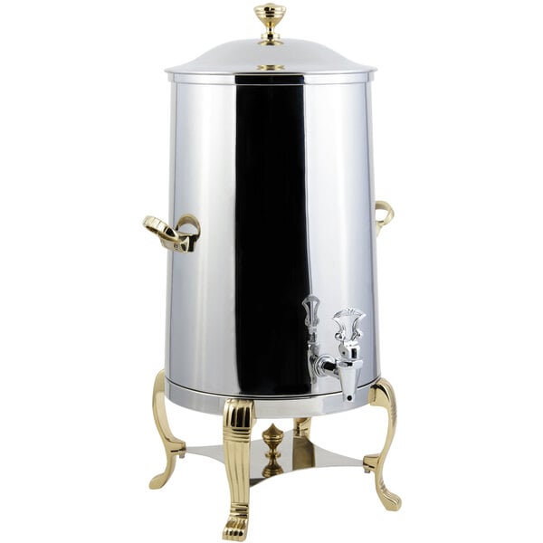 A Bon Chef stainless steel coffee chafer urn with brass trim.