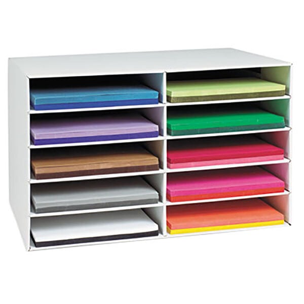 A white shelf with a Pacon white corrugated paper storage box holding different colored paper.