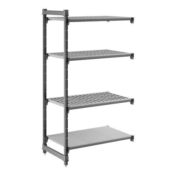 A gray shelving unit with three vented shelves and one solid shelf, designed for storage and organization.