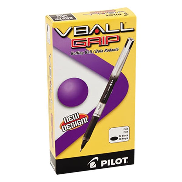 A package of Pilot VBall Grip black ink roller ball pens.