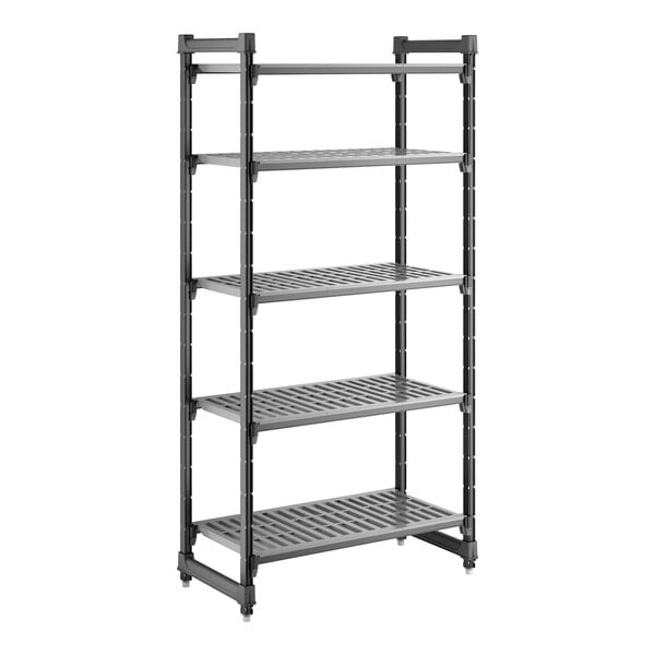 A gray, five-shelf vented plastic shelving unit designed for storage and organization.