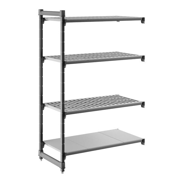 A black shelving unit with three vented shelves and one solid shelf.