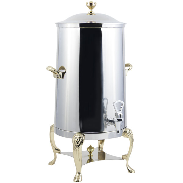 A Bon Chef stainless steel coffee chafer urn with brass trim.