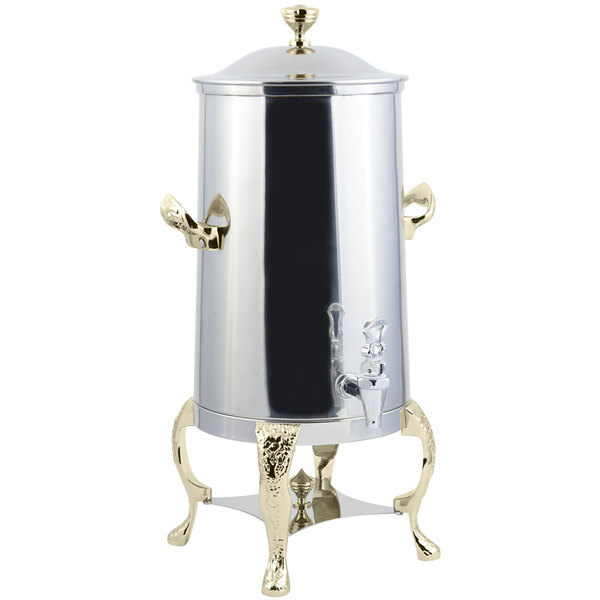 A Bon Chef stainless steel coffee chafer urn with brass trim.