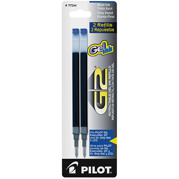 A white box with black and yellow text containing 2 Pilot blue ink gel pen refills.
