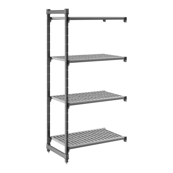A gray vented four-shelf add-on shelving unit made of plastic, measuring 21 inches by 36 inches by 72 inches.
