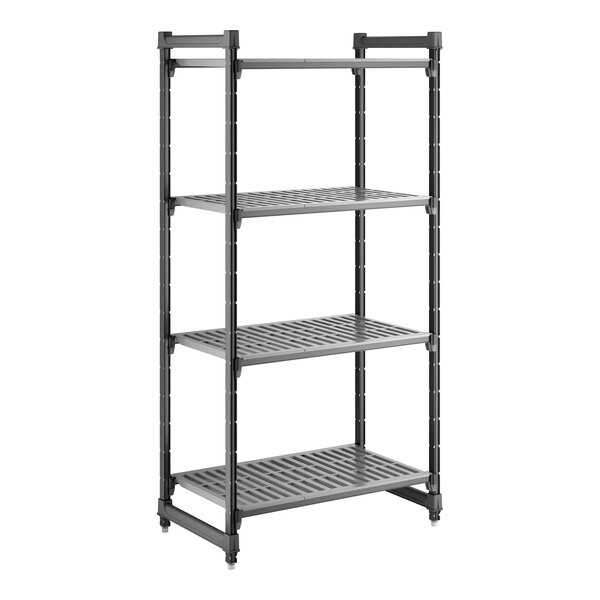 A gray, four-shelf vented plastic shelving unit designed for storage.