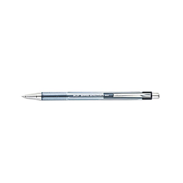 A close-up of a Pilot Better Black ballpoint pen with a tinted barrel.