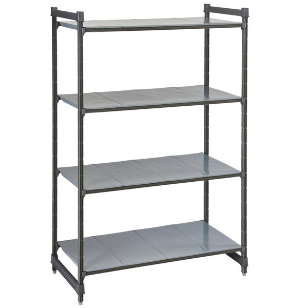 A gray metal Cambro Camshelving® Basics Plus stationary shelving unit with four shelves.