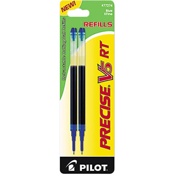 The packaging for a Pilot Precise V5 RT pen refill with two blue ink refills.
