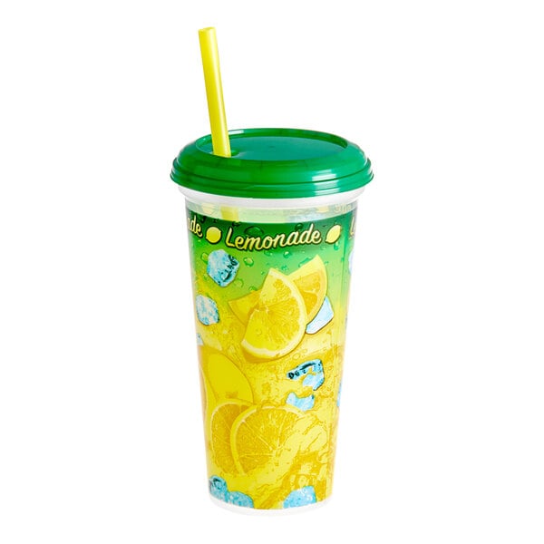 A 32 oz. clear plastic souvenir cup with a straw and lid filled with lemonade.