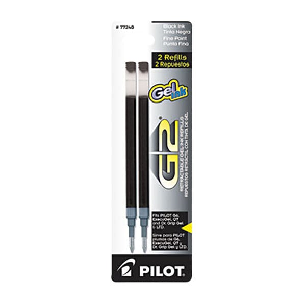 The front of a Pilot black and white box with white text reading "Pilot G2 Gel Pen Refill" containing 2 black ink refills.