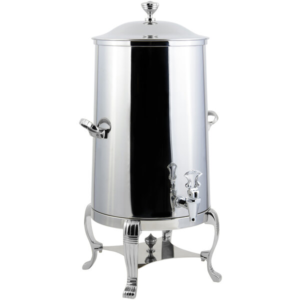 A stainless steel Bon Chef coffee chafer urn with a chrome lid.