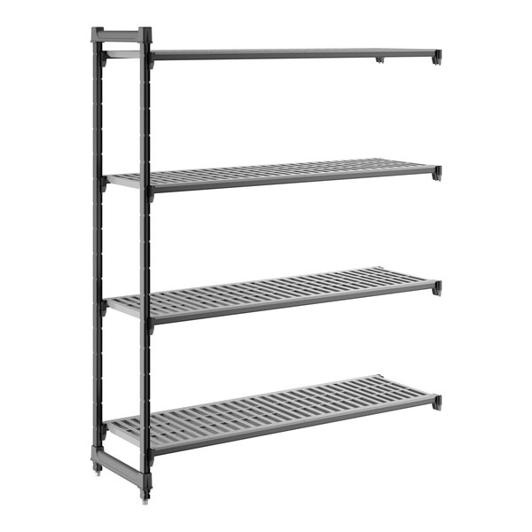 A black vented four-shelf add-on shelving unit with a metal frame.