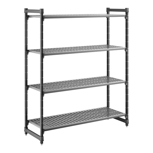 A black vented four-shelf stationary shelving unit made of plastic, measuring 21 inches by 60 inches by 72 inches.