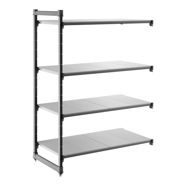 A four-shelf solid add-on shelving unit with a black frame and gray shelves.