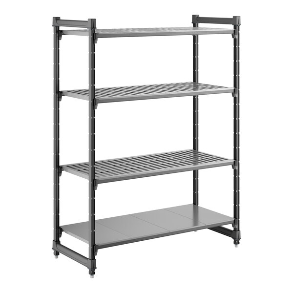 A black stationary shelving unit with three vented shelves and one solid shelf.