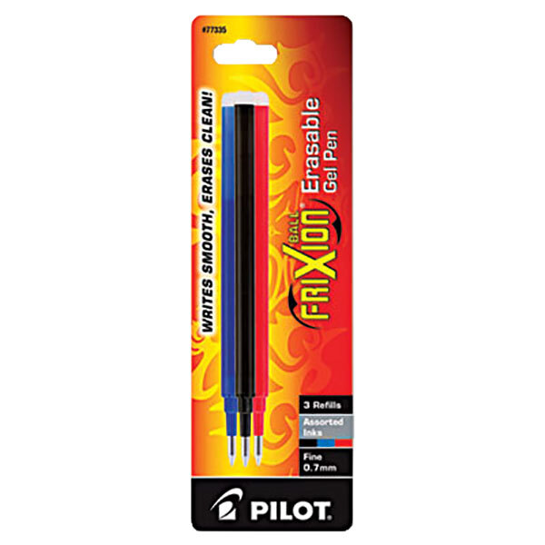A close-up of a box of Pilot FriXion pen refills with three pens inside.