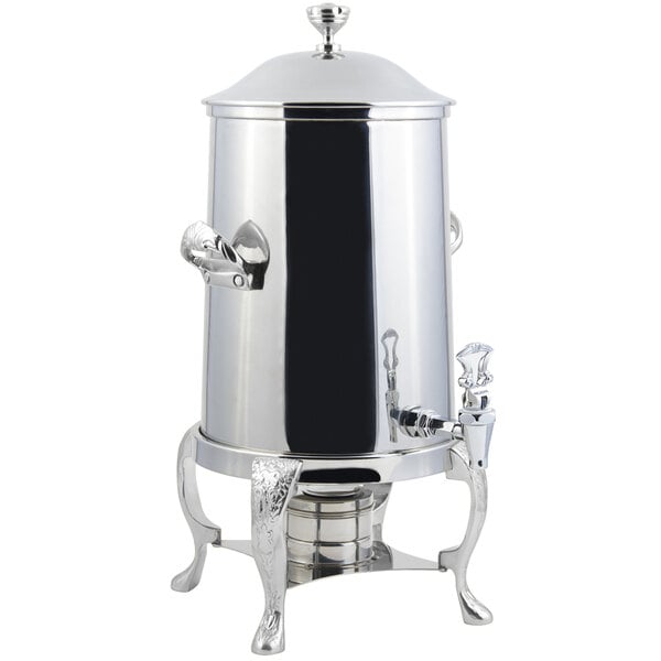 A stainless steel Bon Chef coffee chafer urn with a lid.