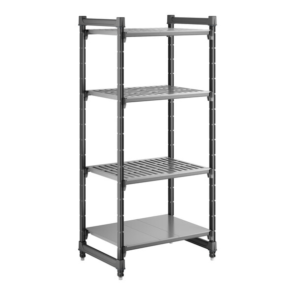 A black stationary shelving unit with three vented shelves and one solid shelf.
