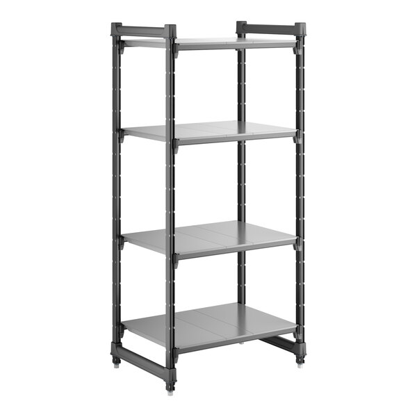 A black and gray four-shelf stationary shelving unit.