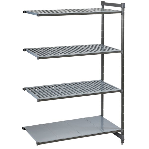 A grey metal Cambro Camshelving® add on unit with 3 shelves.