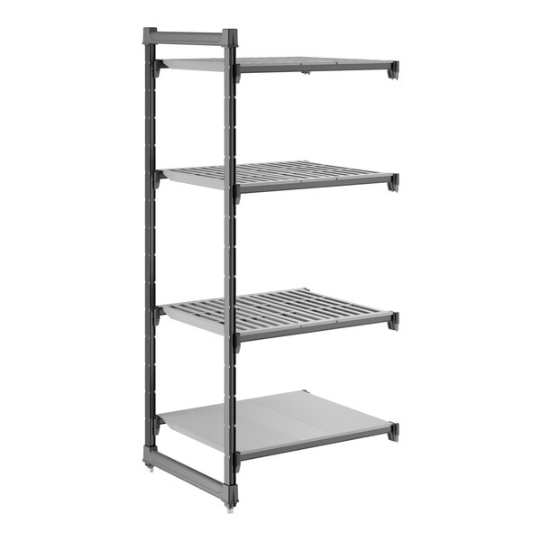 A gray shelving unit with three vented shelves and one solid shelf.