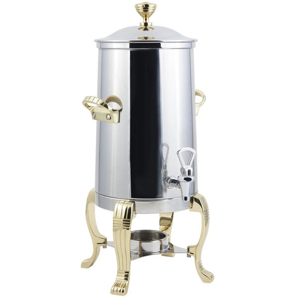 A Bon Chef stainless steel coffee chafer urn with brass trim.