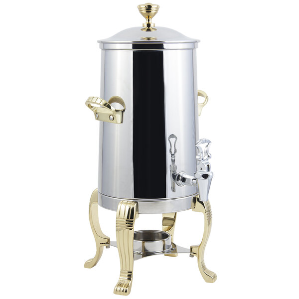 A Bon Chef stainless steel coffee chafer urn with brass trim.