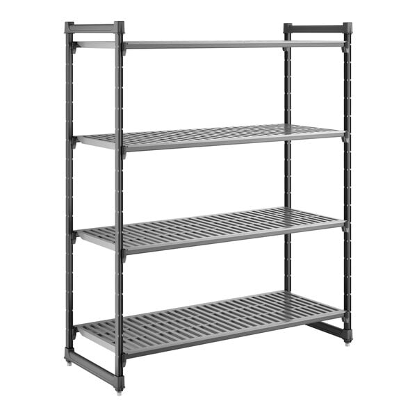 A four-shelf, vented, stationary shelving unit made of durable plastic, measuring 24 inches by 60 inches by 72 inches.