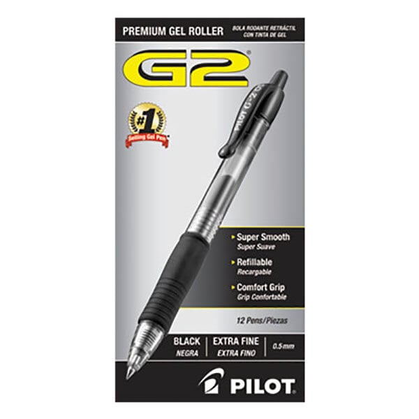 A close-up of a black Pilot G2 Premium 0.5mm gel pen.